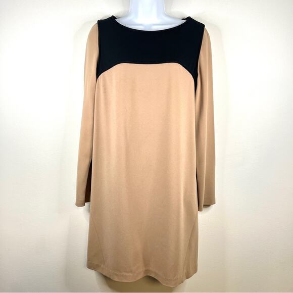 Tibi New York Tan Black Color Block Shift Dress Size 6 Long Sleeve Camel‎ - Picture 1 of 11